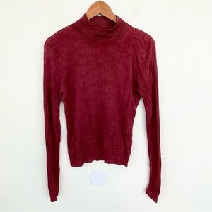 SILX 100% Silk Mock Neck Burgundy Red Ribbed Kit Top Long Sleeve M Medium